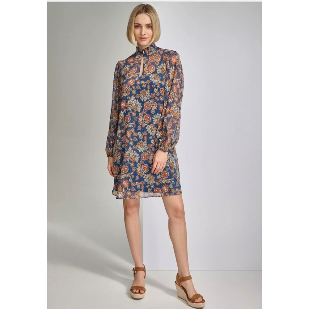 Harper Rose Floral Mini Dress Blue Long Sleeve Ruffle Neck Boho 10